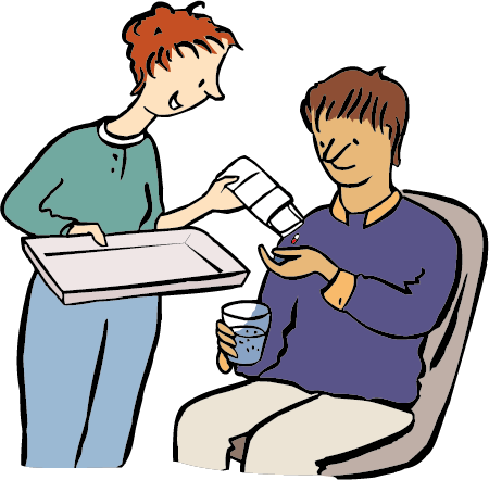 Tabletten geben Eine Frau gibt einem Mann Tabletten.